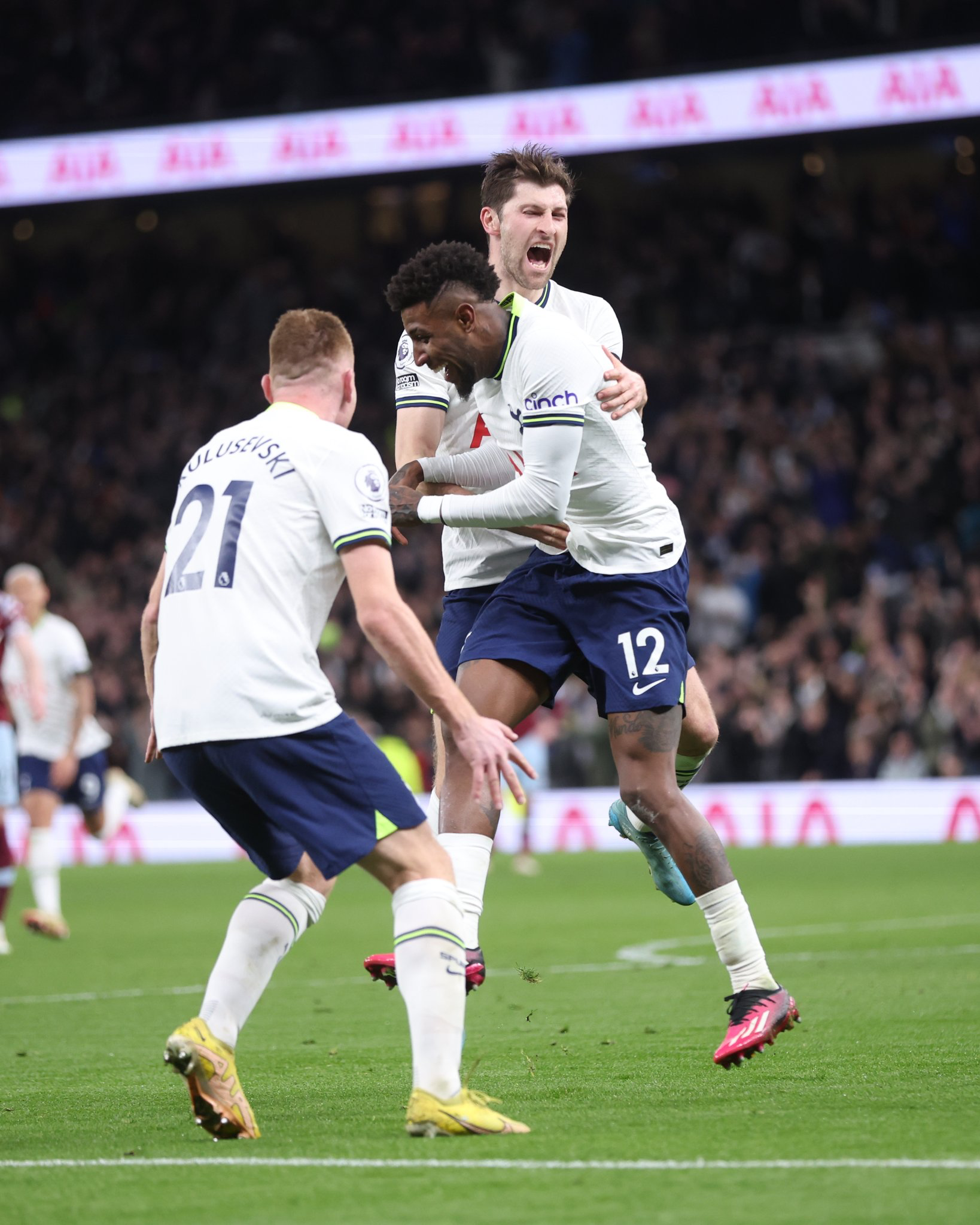 Ben Davies celebrates with Emerson Royal after the former assisted the latter for Spurs' opening goal.