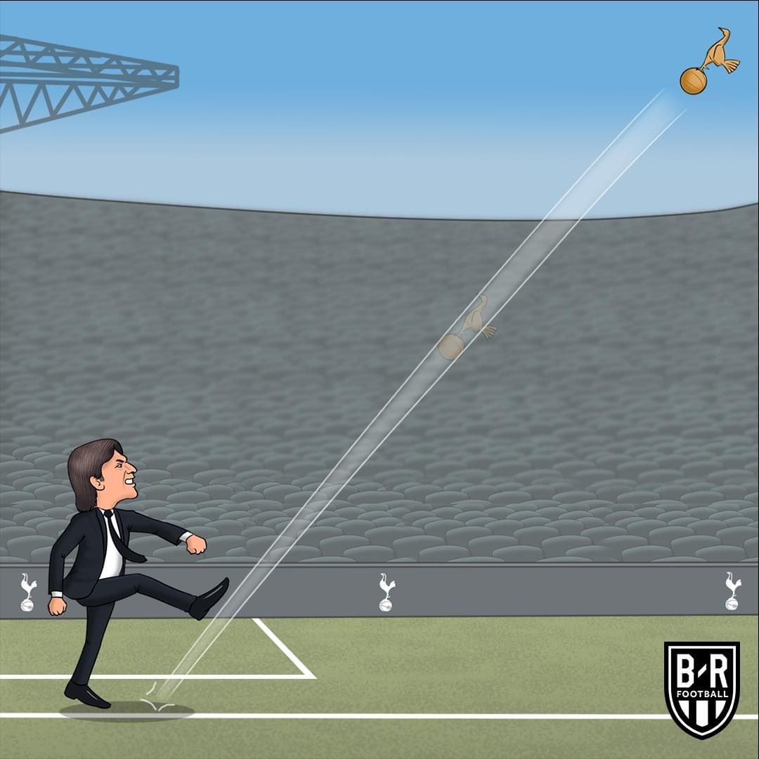 A comic illustration shows Antonio Conte kicking the golden cockerel out of the stadium.