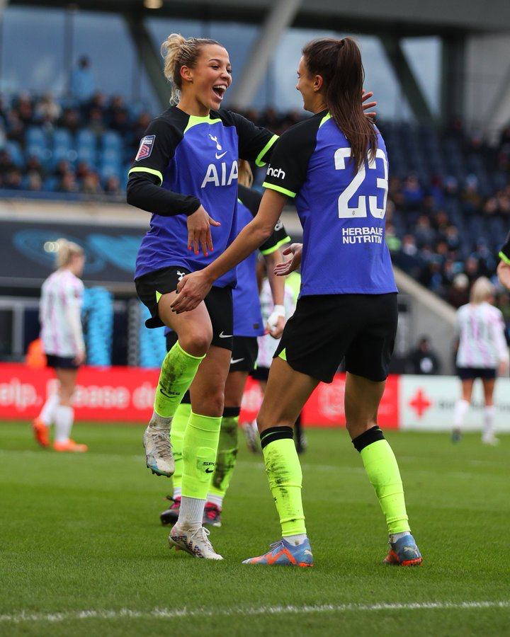 Celin Bizet celebrating with Rosella Ayane, who provided the assist for her first Spurs goal.