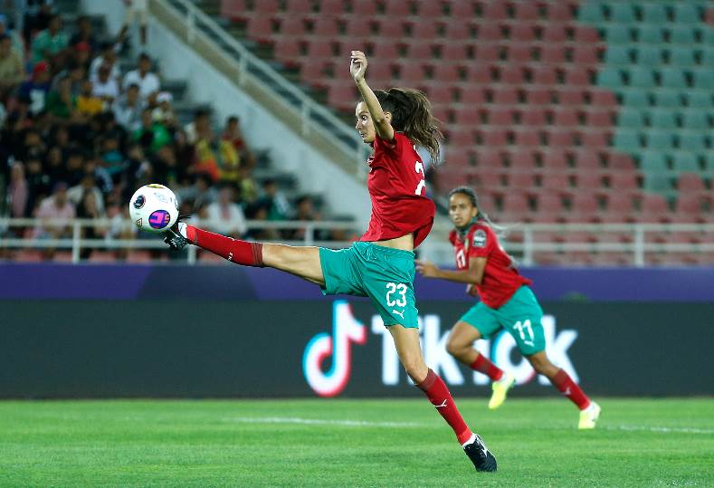 Rosella Ayane stretches for the ball in a recent friendly match for Morocco.