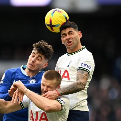 Cristian Romero rises above Kai Havertz and his teammate Eric Dier to win a header.