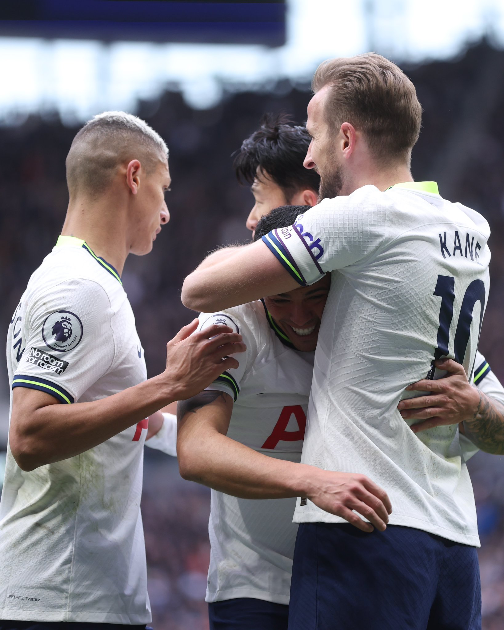 Pedro Porro gets a hug from Harry Kane after assisting the striker's goal.