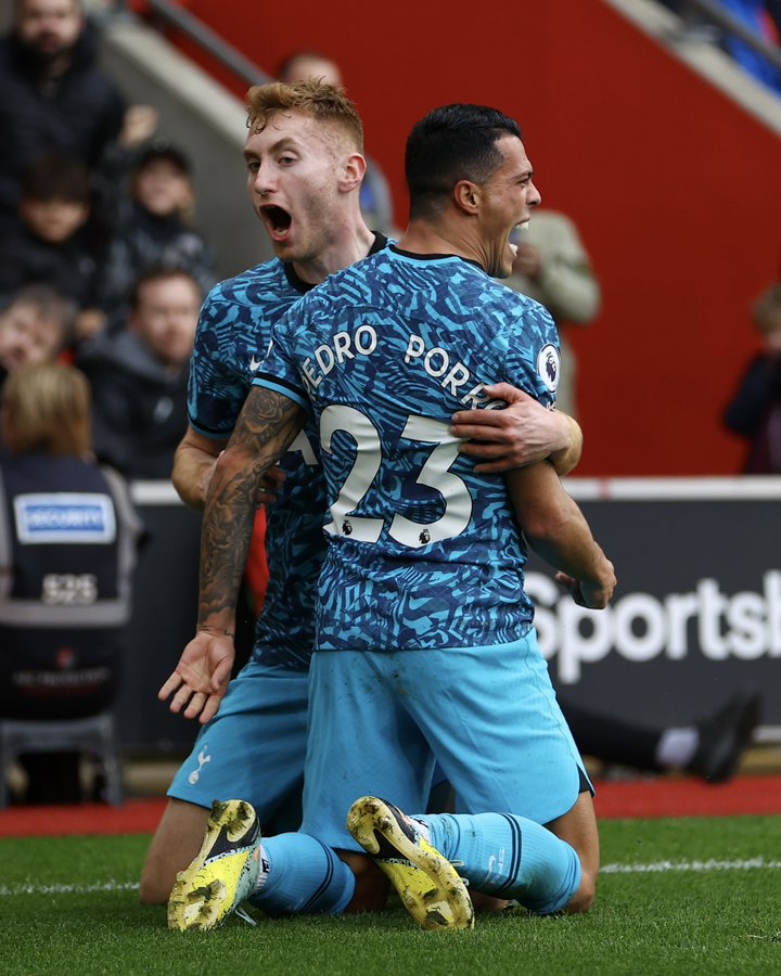 Pedro Porro celebrates scoring his first Spurs goal with Dejan Kulusevski