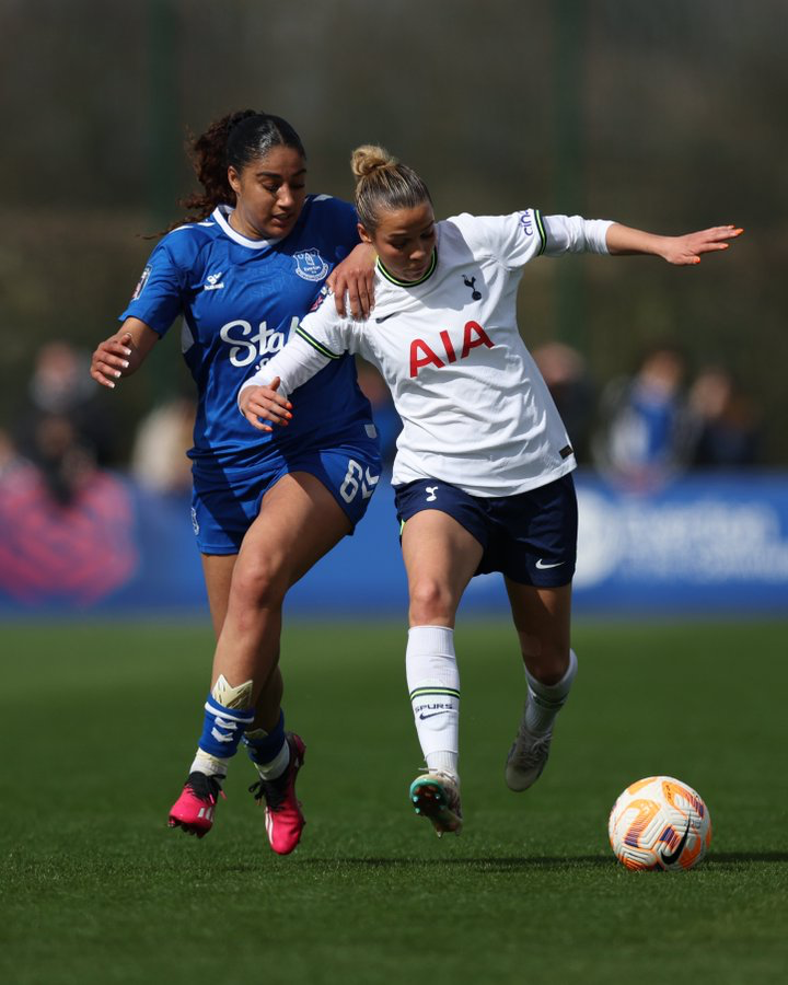 Celin Bizet battles for possession with Everton's Gabby George.