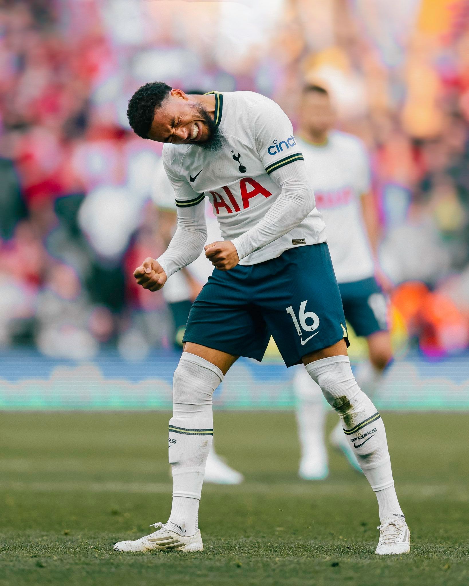 Arnaut Danjuma celebrates his first PL goal for Spurs with pumped fists.