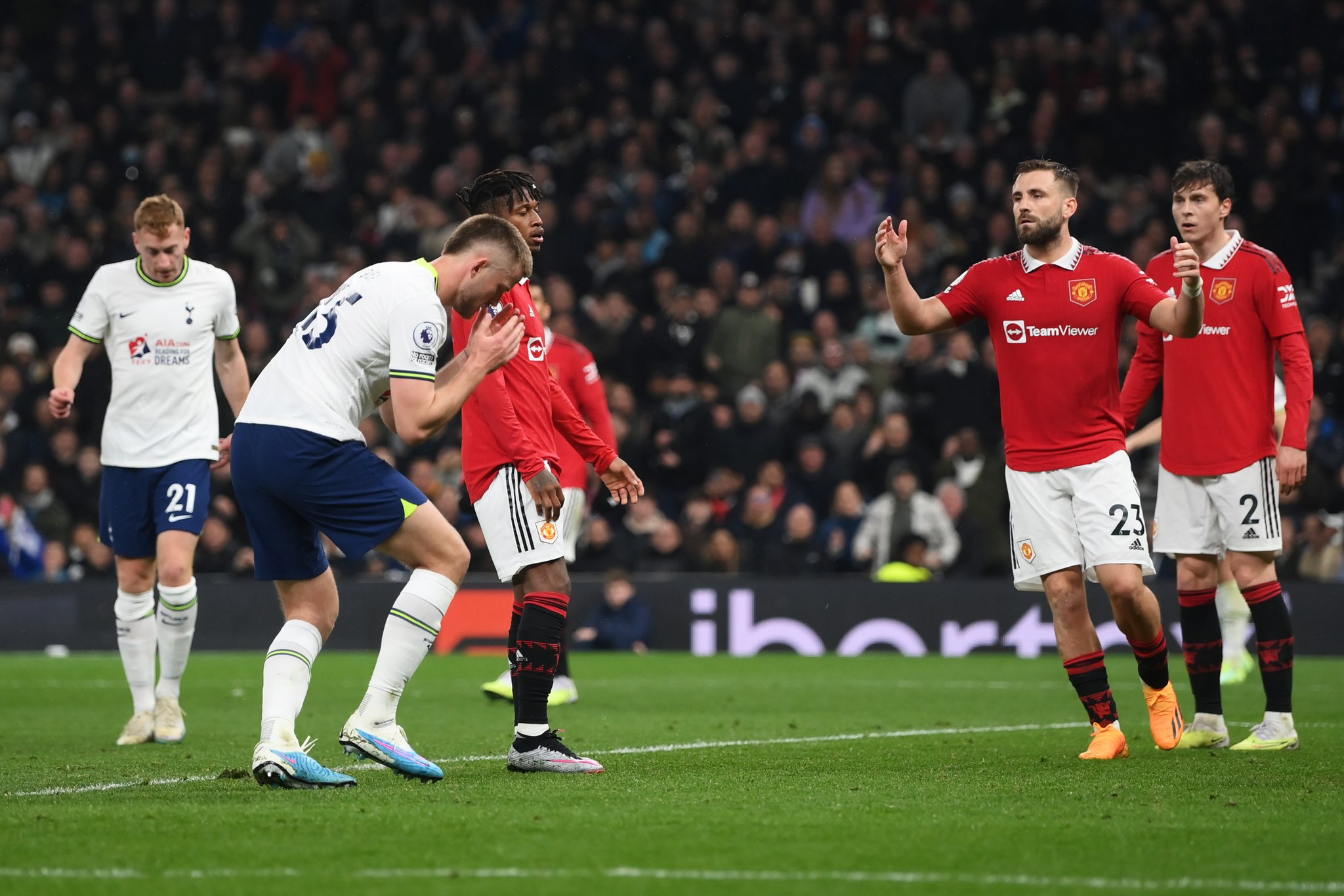 Eric Dier reacts after his header goes wide of the goal.