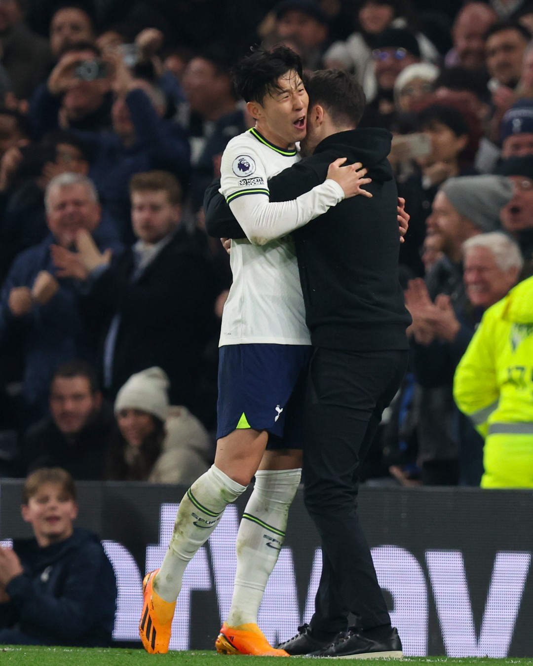 Son Heung-min celebrates his goal with his former teammate and now manager, Ryan Mason.