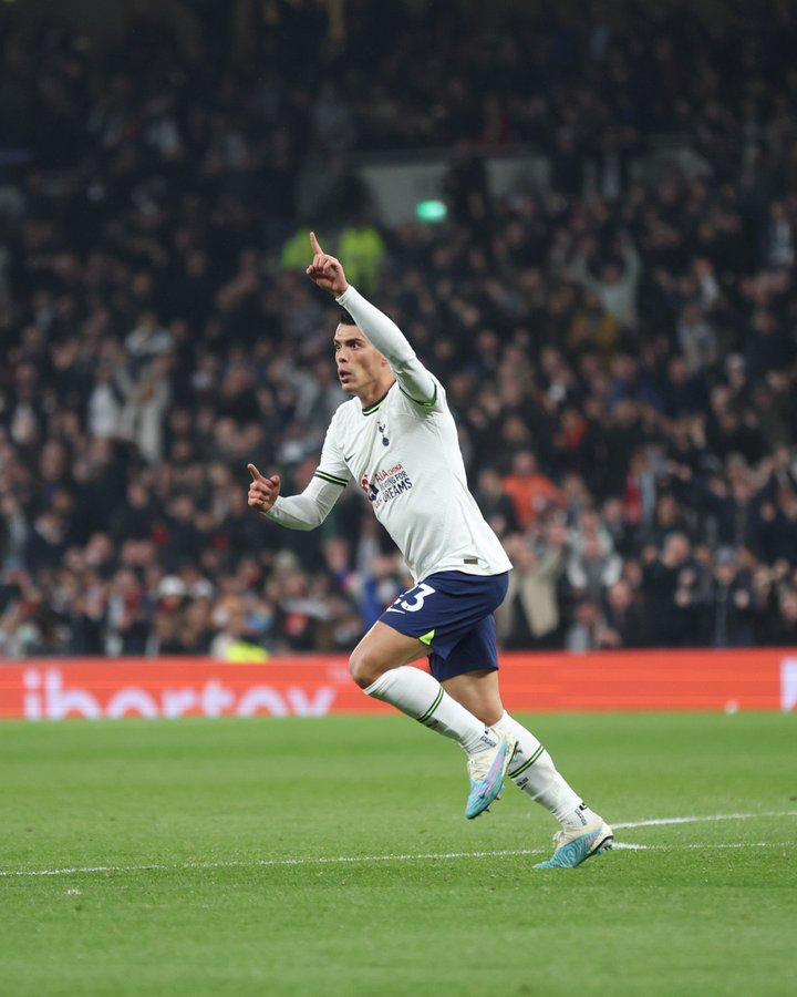 Pedro Porro celebrates his goal by encouraging the home fans to get loud.