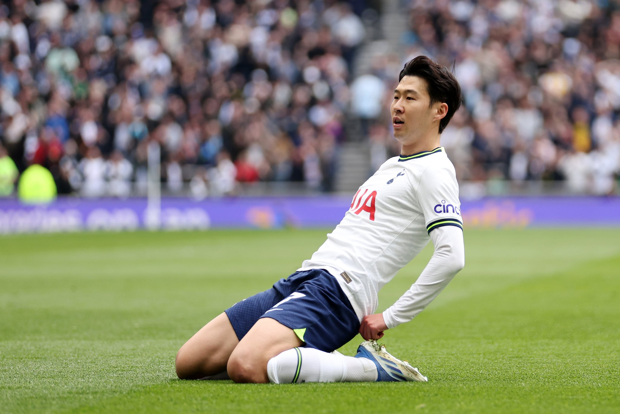 Son Heung-min celebrates after scoring his 100th Premier League goal.