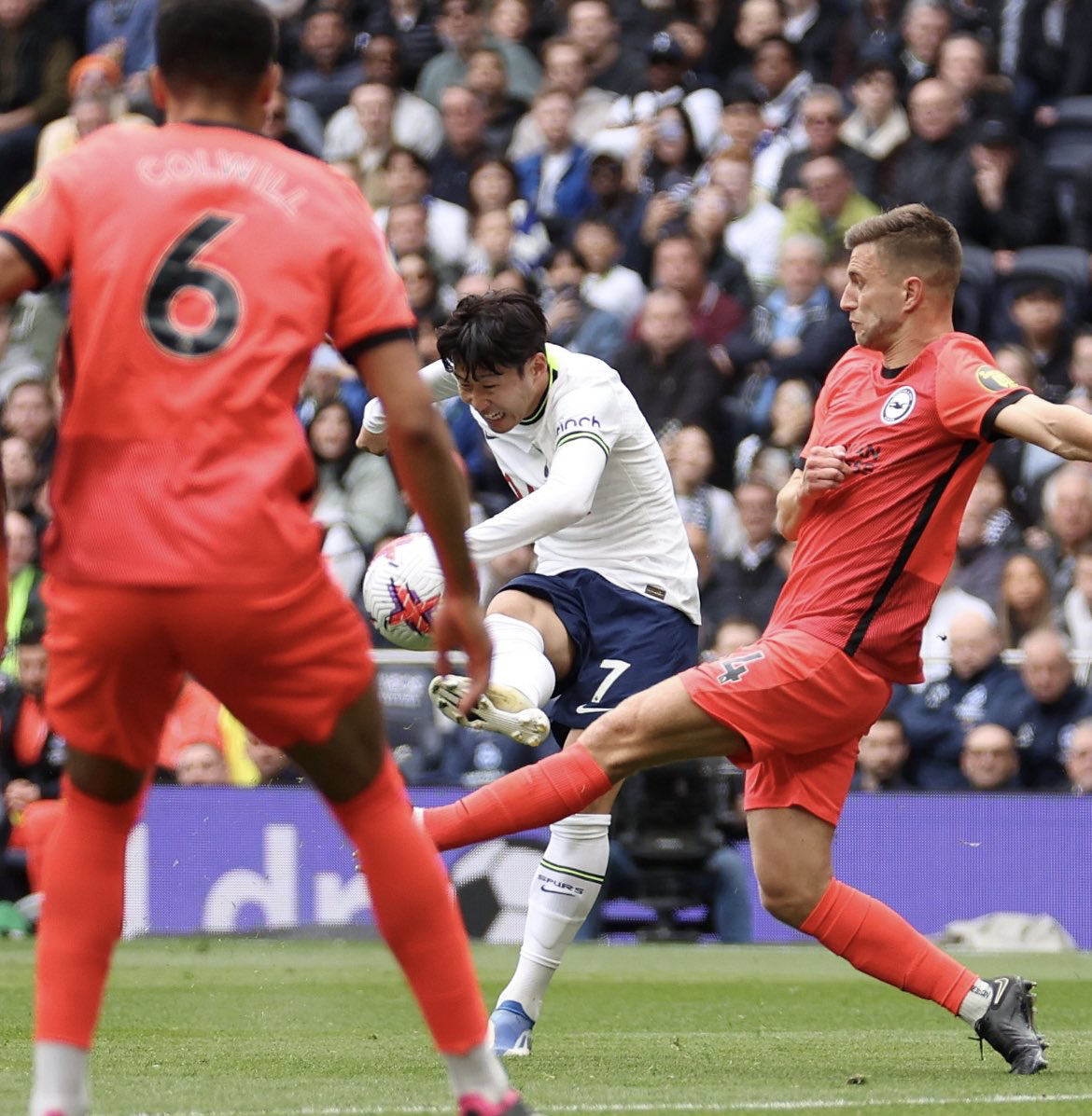 Son Heung-min shoots for his 100th Premier League goal in the game against Brighton.