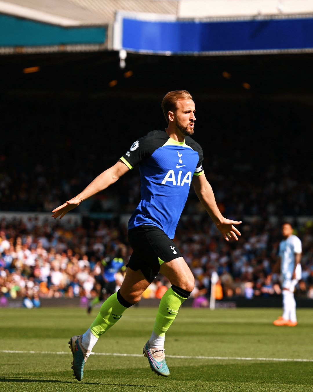 Harry Kane celebrates one of his goals against Leeds United.