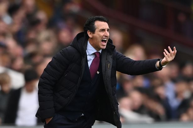 Unai Emery gestures from the touchline during an Aston Villa match.
