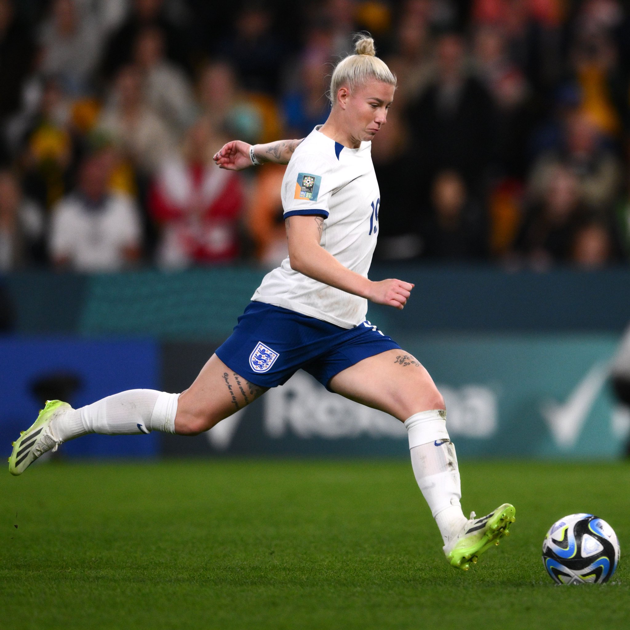 Beth England converts her penalty during England's PK shootout with Nigeria.