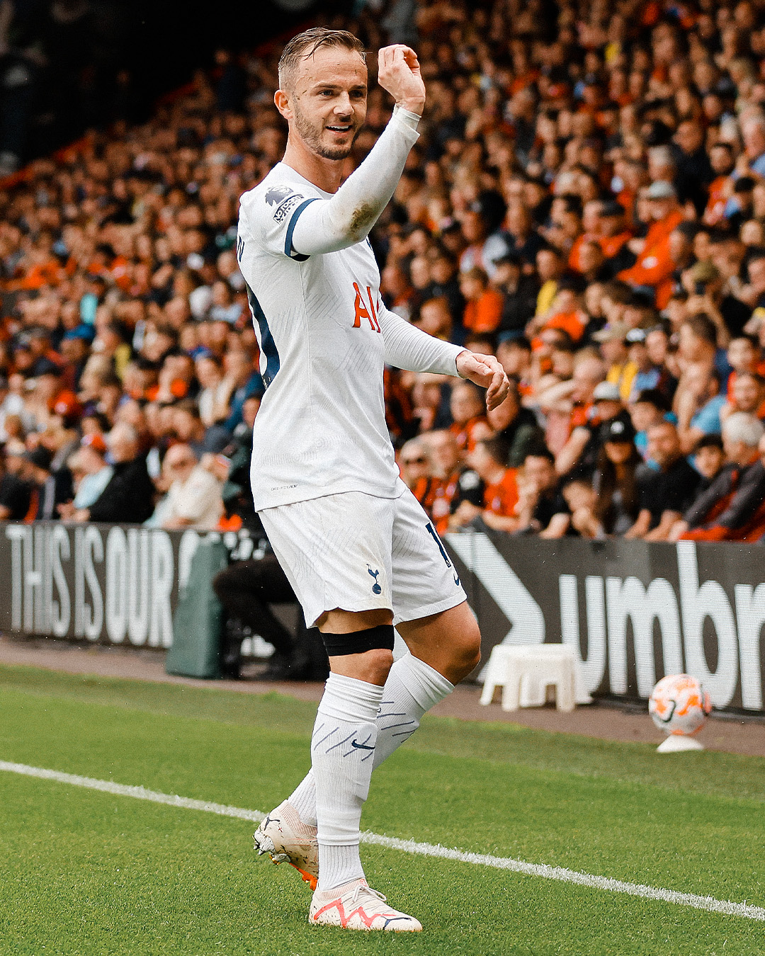 James Maddison does his signature dart celebration after scoring his first Spurs goal.