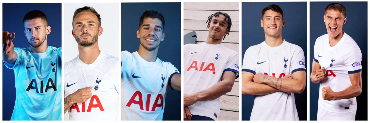 New Spurs Men signings, from left to right:  Vicario, Maddison, Solomon, Phillips, Veliz, van de Ven