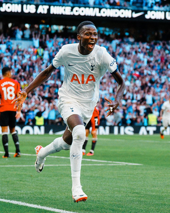 Pape Sarr celebrates his first goal for Spurs.