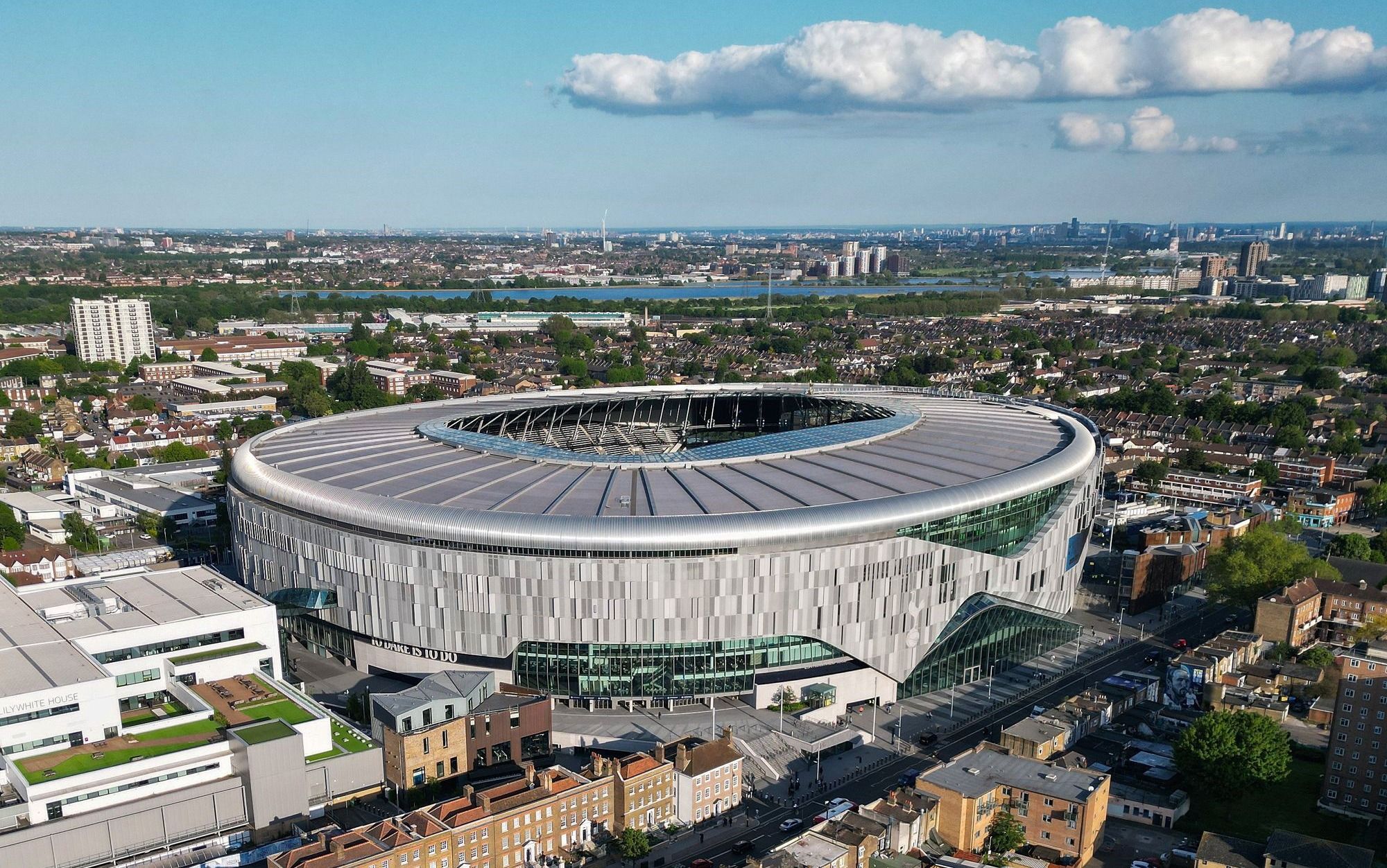 An aerial view of Tottenham Hotspur Stadium.