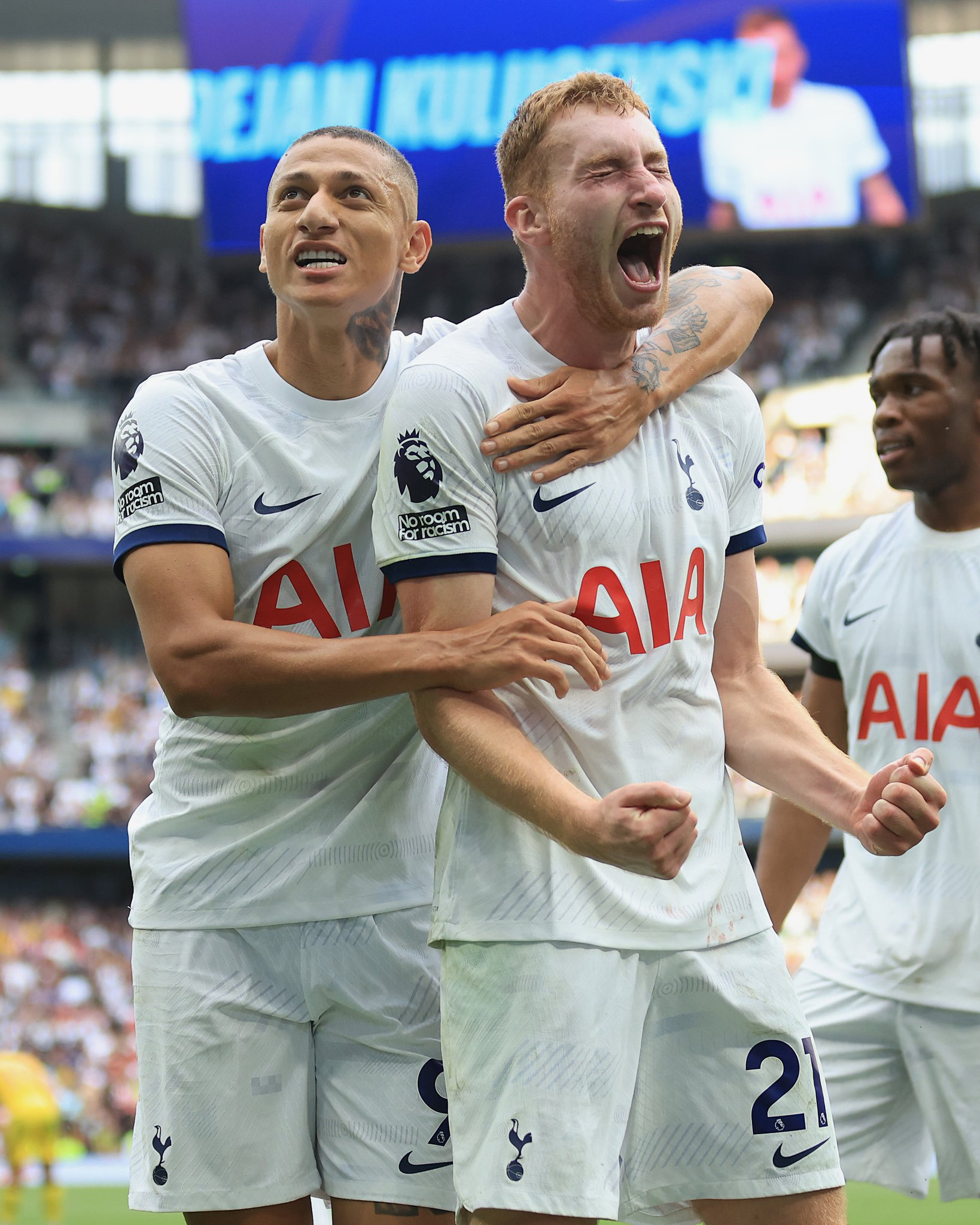 Richarlison and Dejan Kulusevski celebrate their comeback goals.