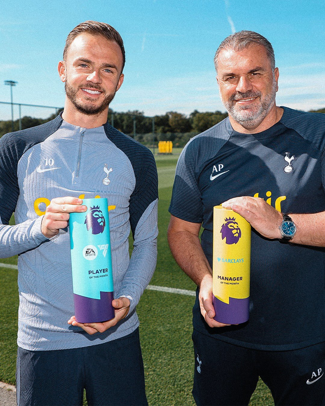 James Maddison and Ange Postecoglou show off their PL awards for Player and Manager of the Month, respectively.