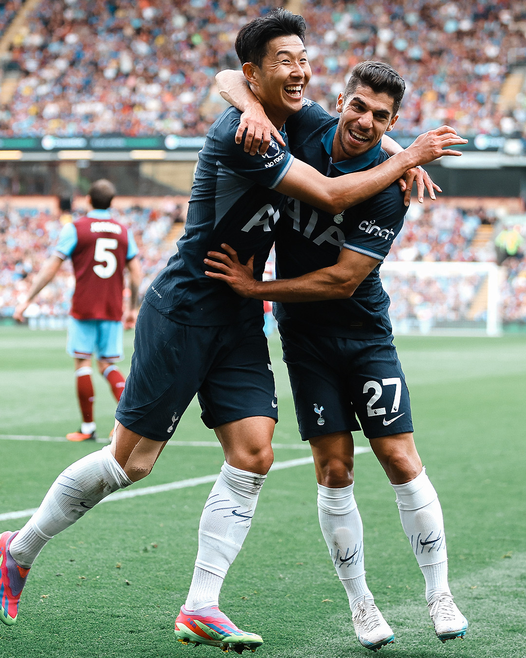 Son Heung-min celebrates one of his goals with Manor Solomon, who provided two assists for the former.