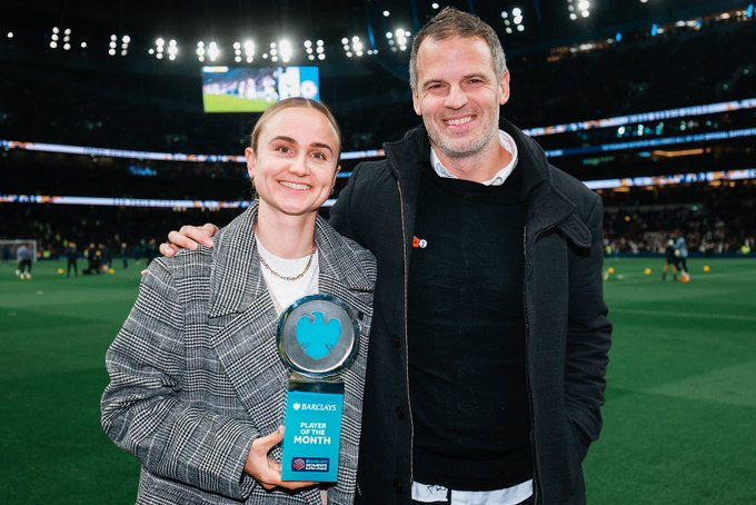 Martha Thomas holds her Player of the Month award next to Robert Vilahamn.