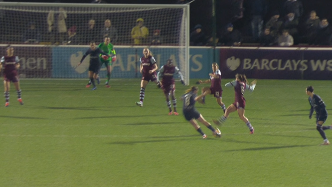 A freeze frame shows the moment Grace Clinton shot for her second goal.