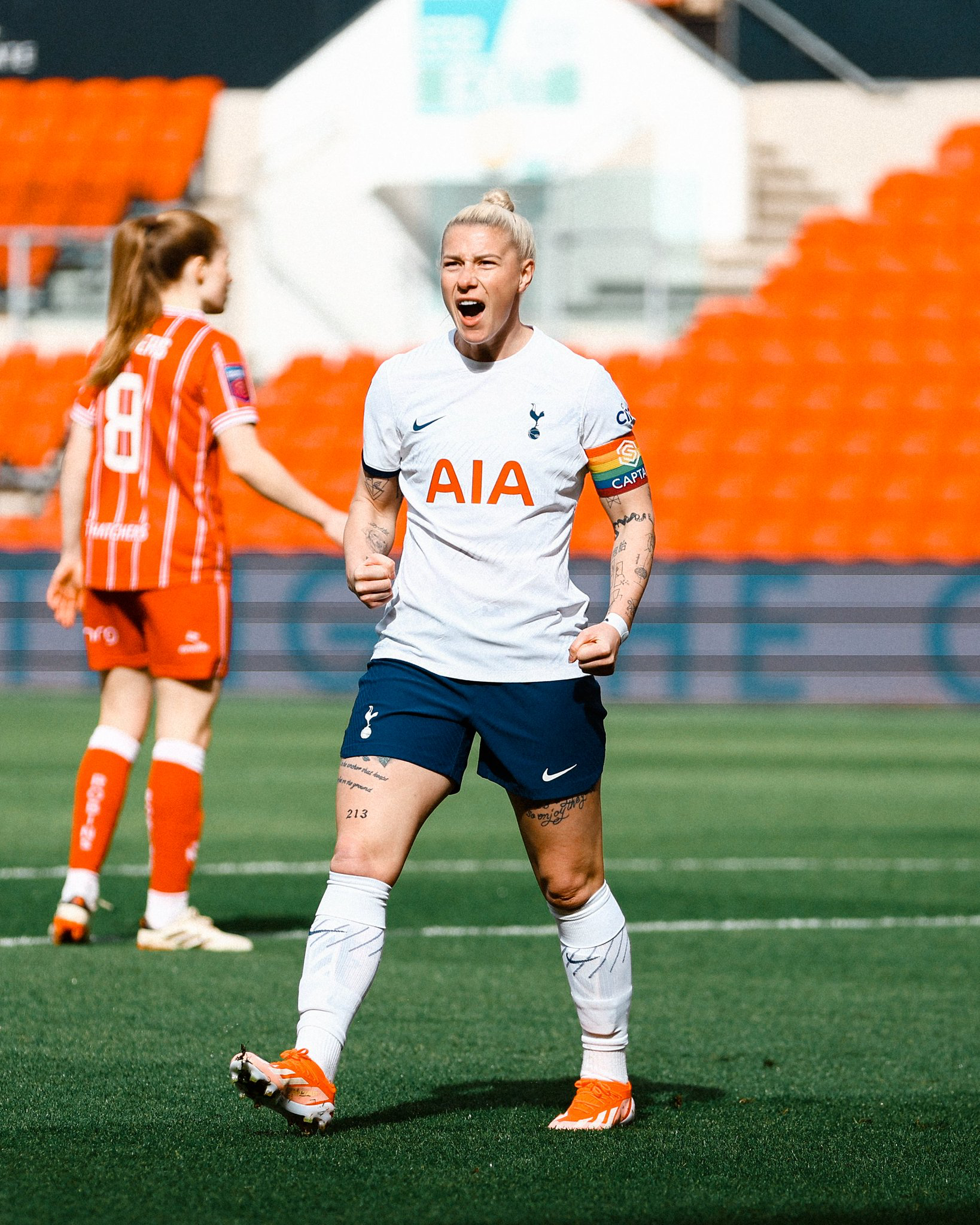 Beth England celebrates her first league goal of the season.