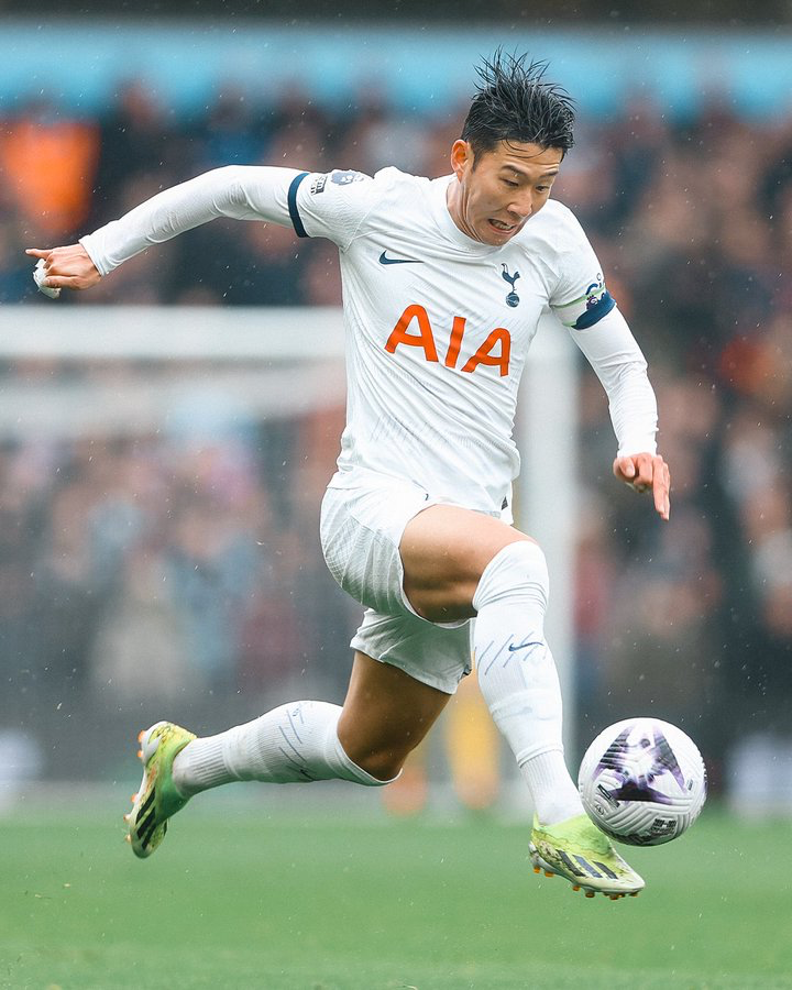 Son Heung-min attacks the ball.