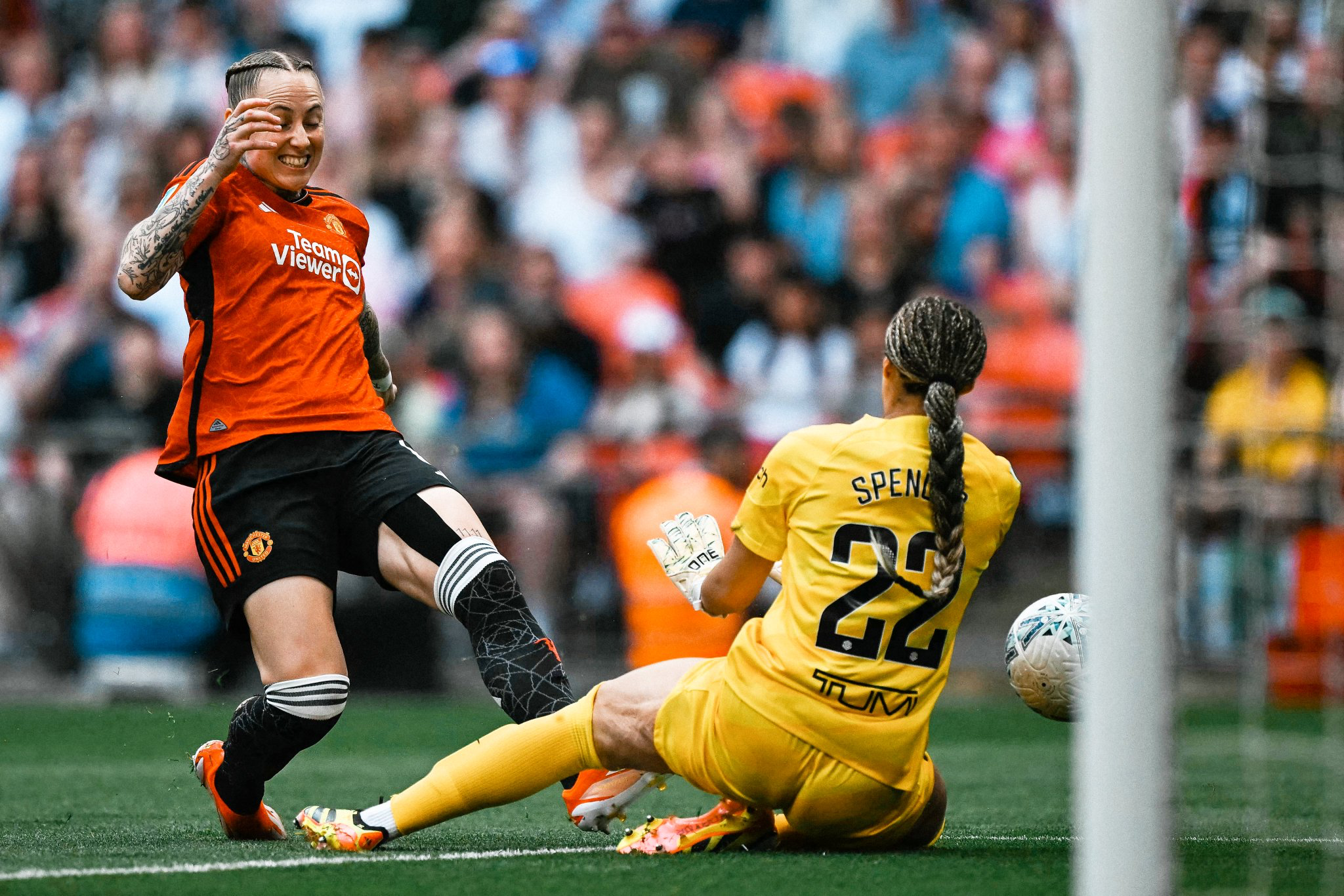 Leah Galton collides with Becky Spencer.