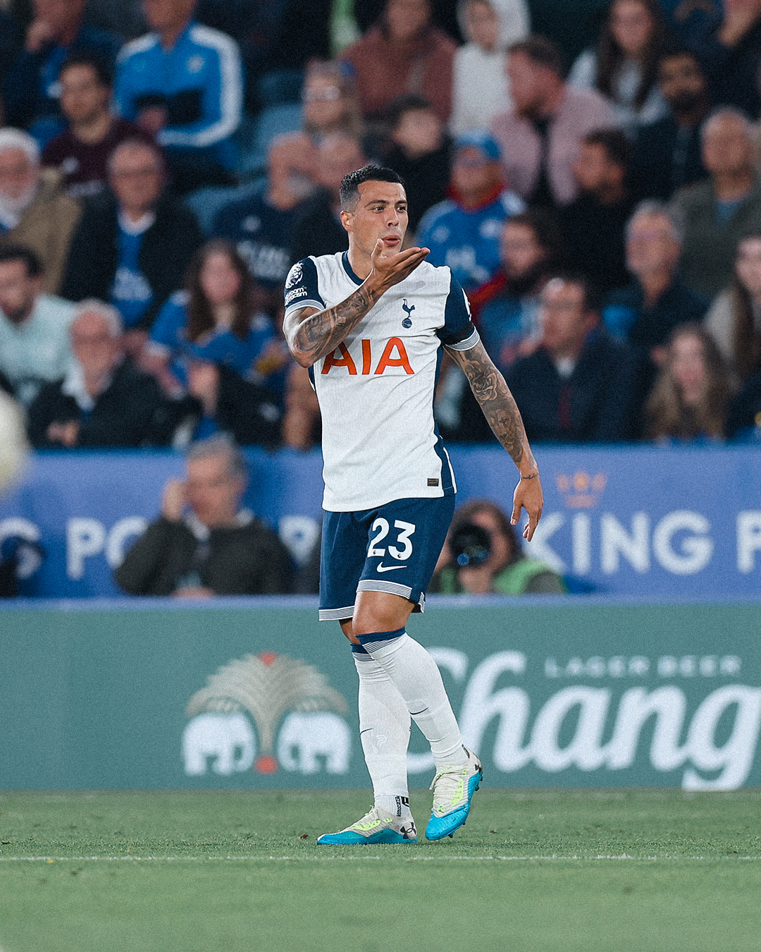 Pedro Porro blows a kiss after scoring.