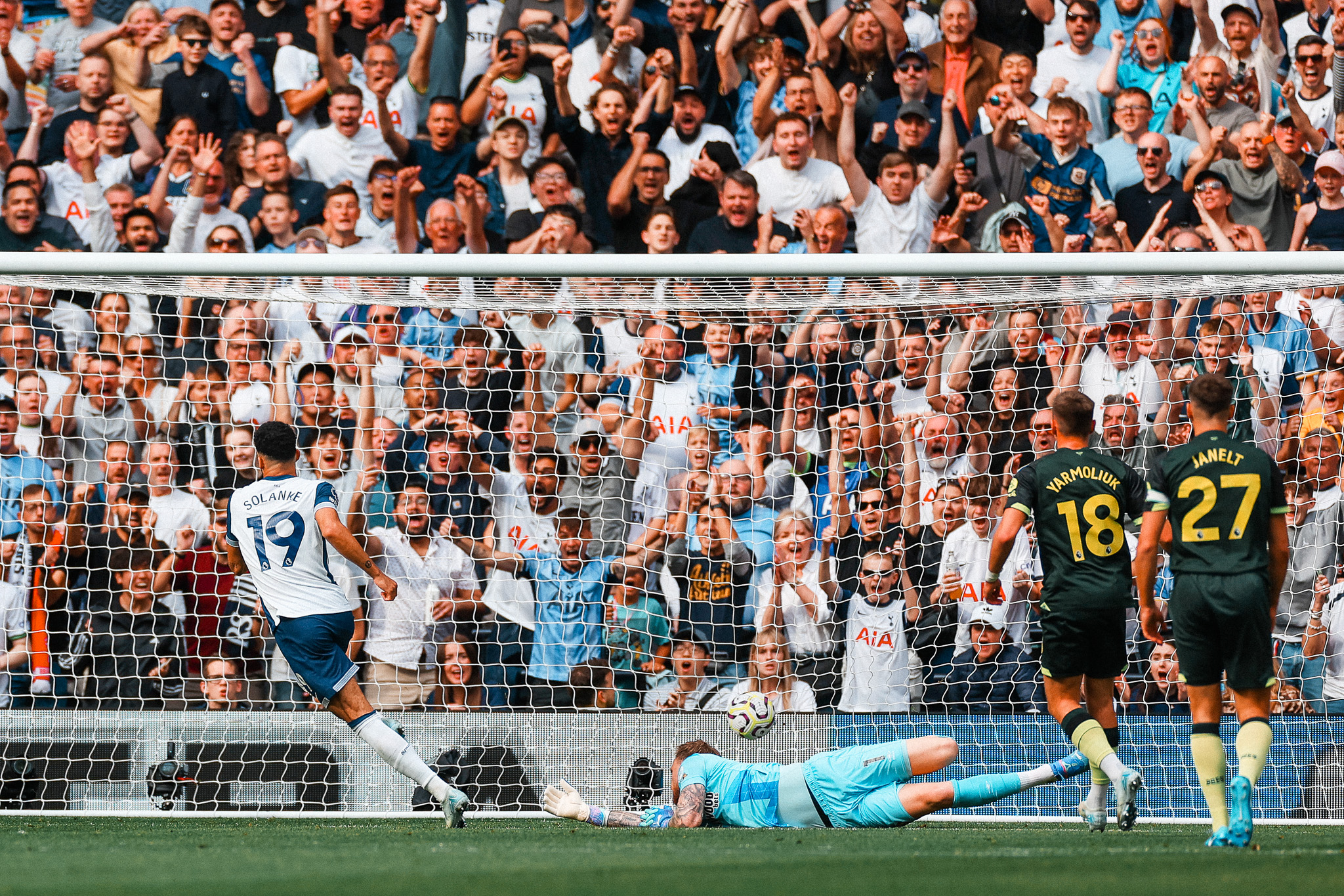 Dominic Solanke scores his first goal for Tottenham, striking from in front of the goal as Marc Flekken reaches out uselessly to try to save it.