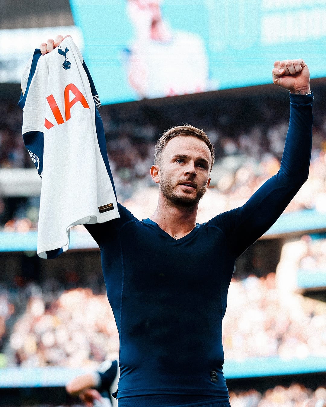 James Maddison celebrates his goal by taking his kit off, revealing his navy longsleeve undershirt. 