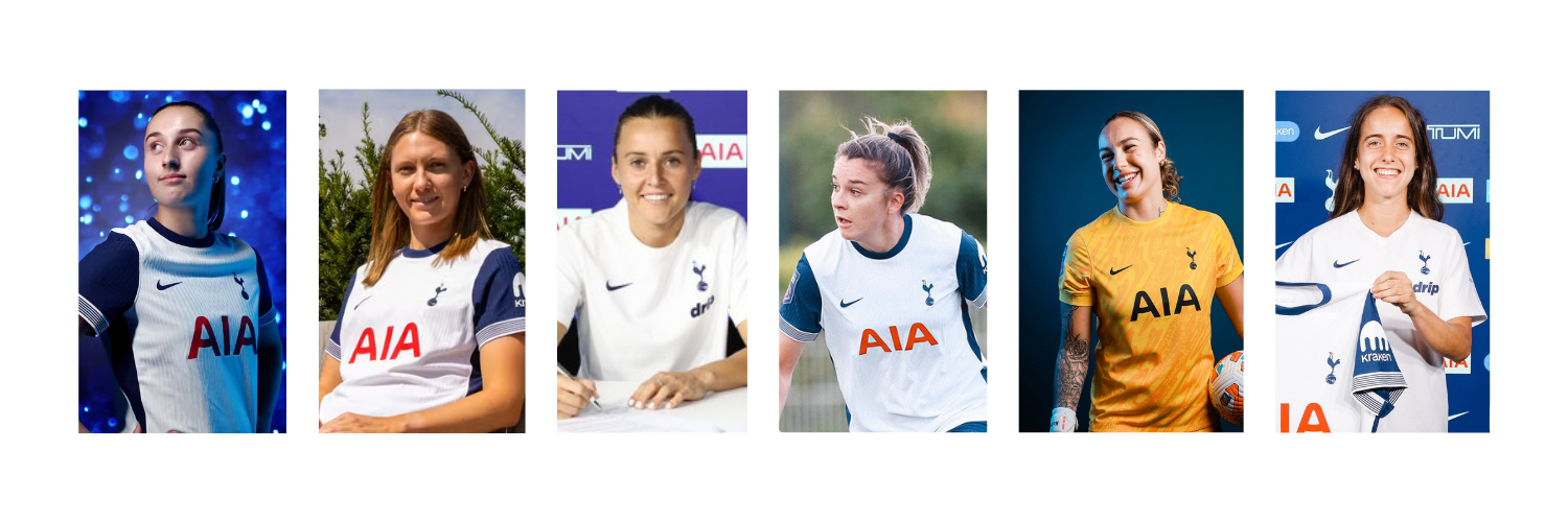 Spurs Women's summer signings:  Ella Morris, Clare Hunt, Hayley Raso, Anna Csiki, Katelin Talbert, and Maite Oroz