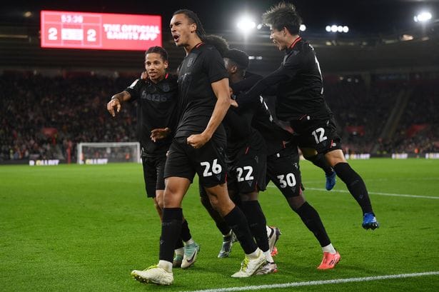 Ashley Phillips celebrates scoring his first senior goal on loan with Stoke City.