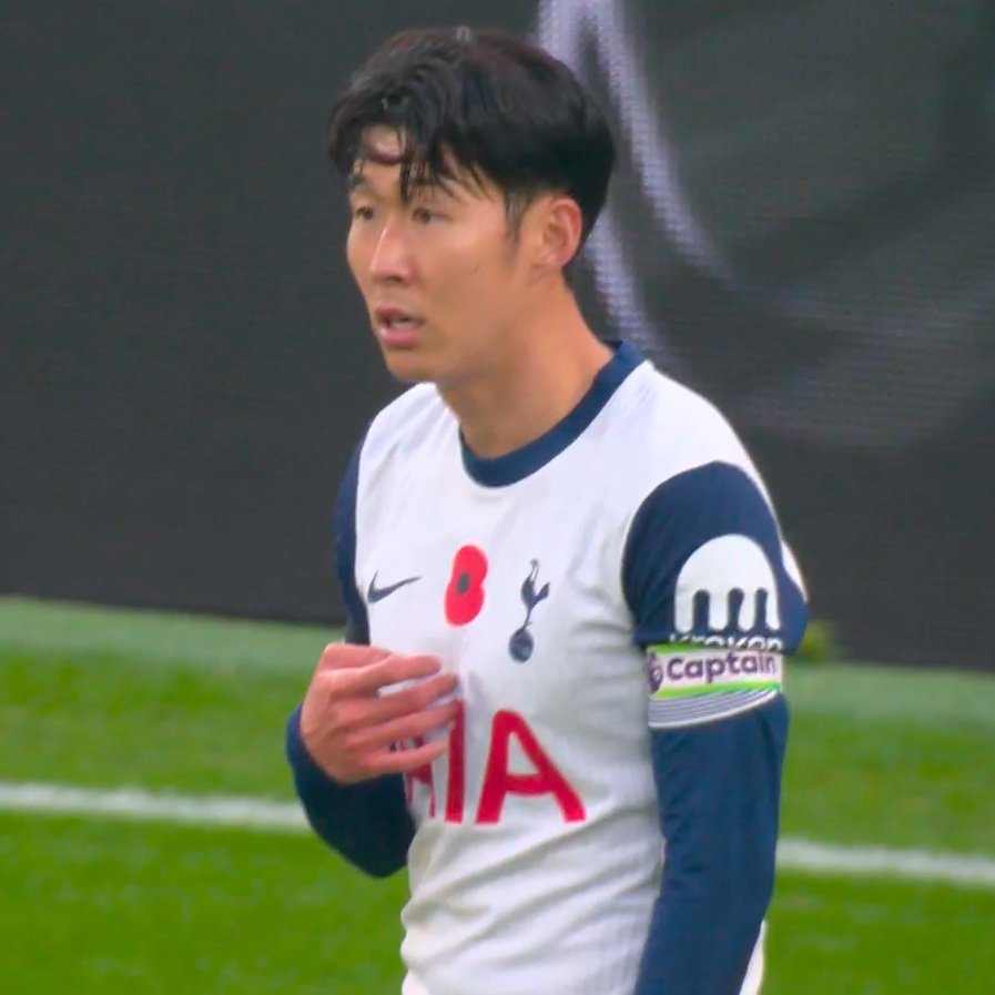 Son Heung-min gestures to himself as if to say "who me?" after this number came up on the subs board.