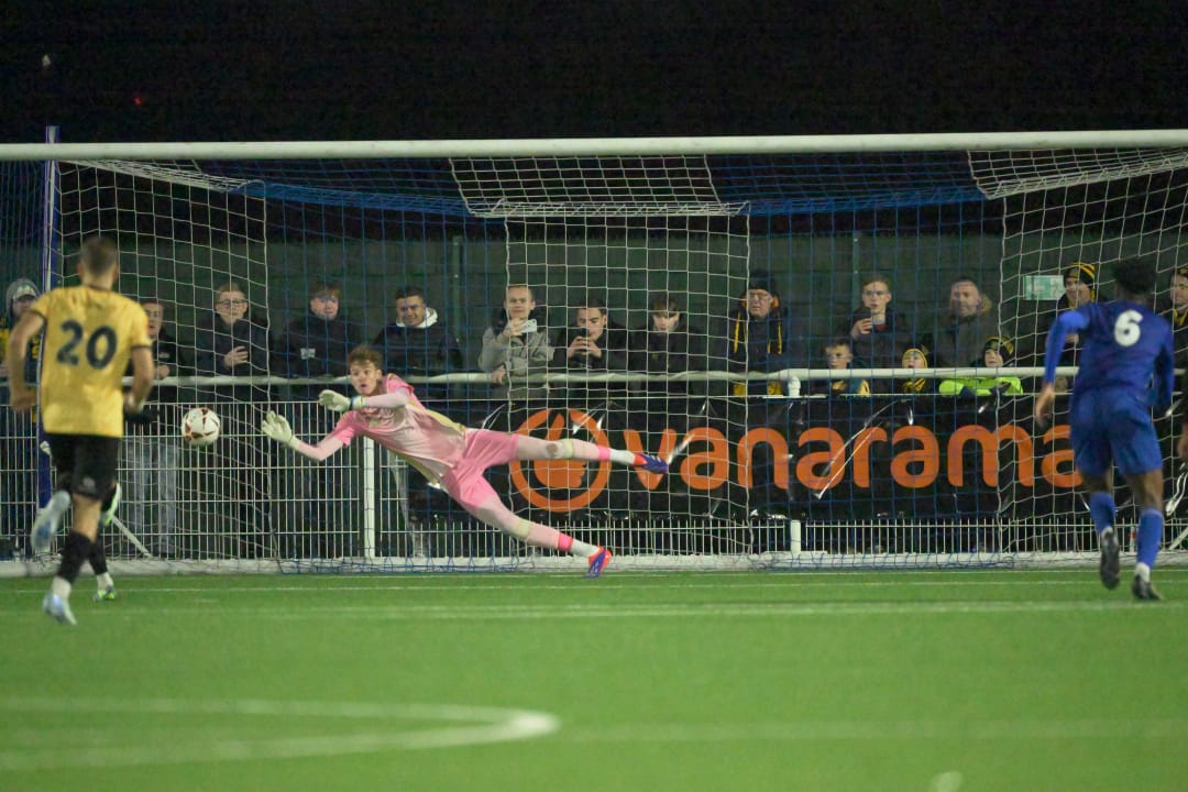 Carey Bloedorn saves a penalty for Aveley. 