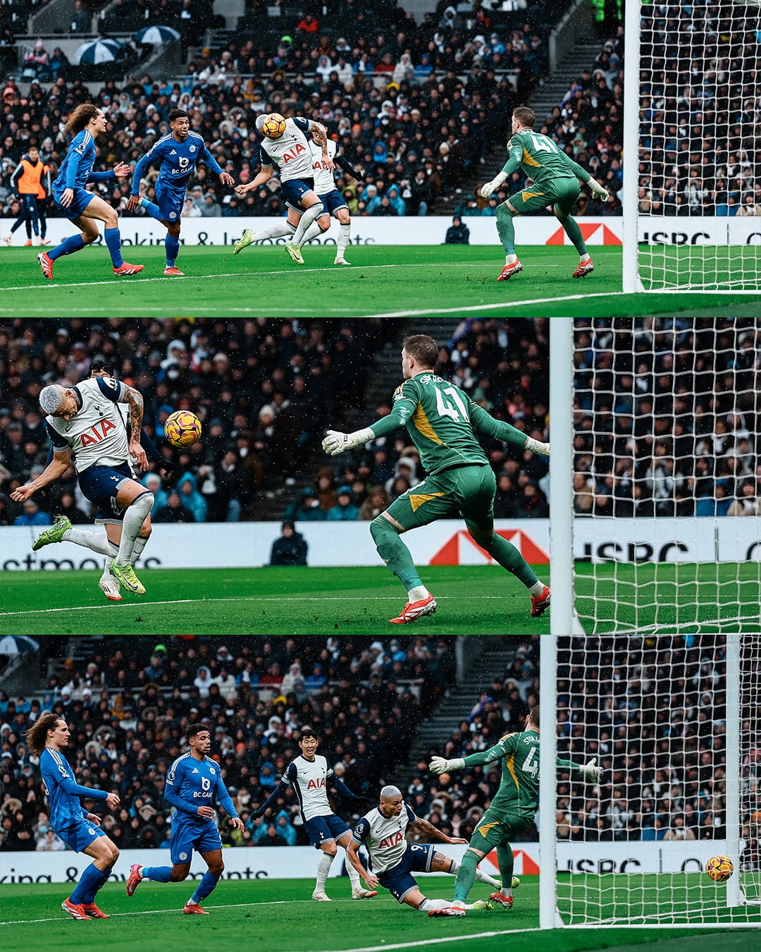 Richarlison heads home a goal, with a triptych showing the progression of his shot. 