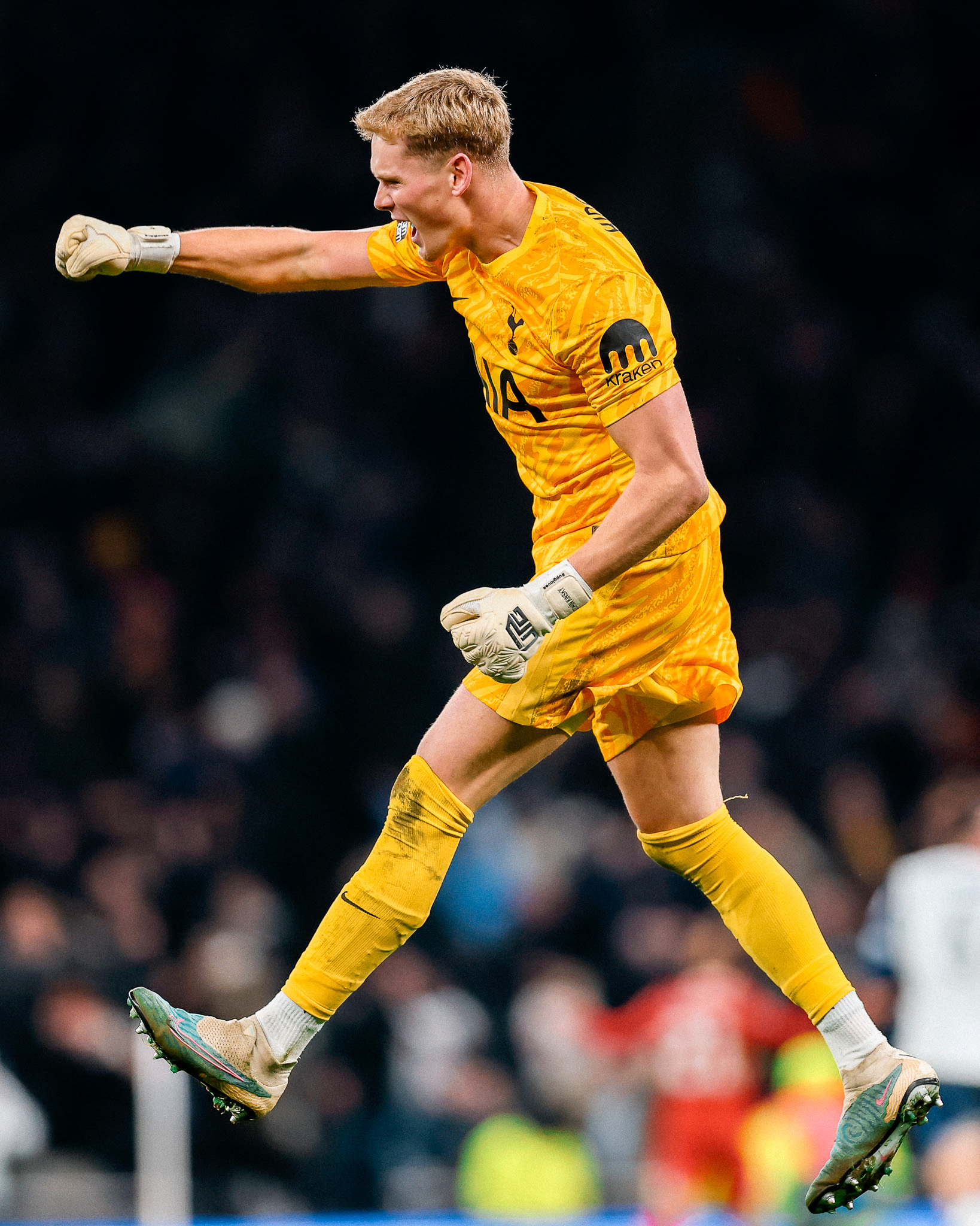 Antonín Kinský jumps in the air and pumps his fist in celebration.