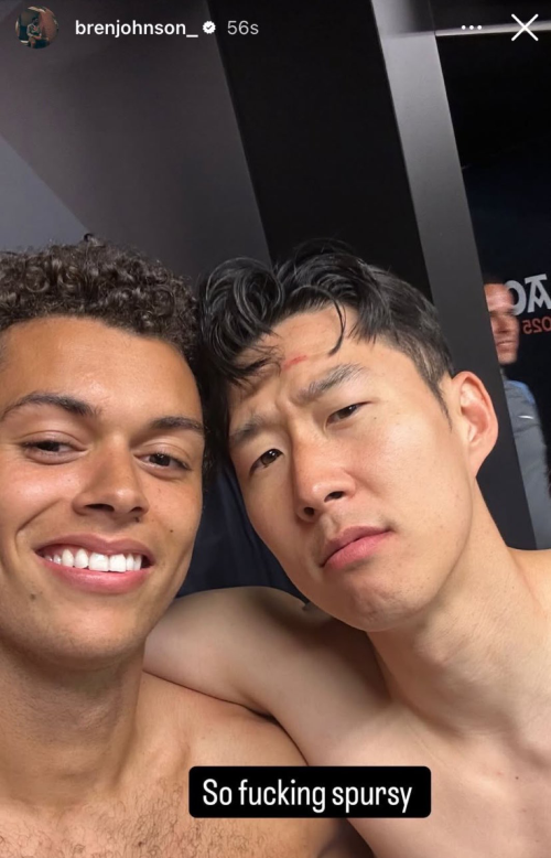 A screenshot of a story from Brennan Johnson's Instagram, featuring a photo of him and Son Heung-min shirtless and hugging in the dressing room with the text "So fucking spursy" at the bottom.