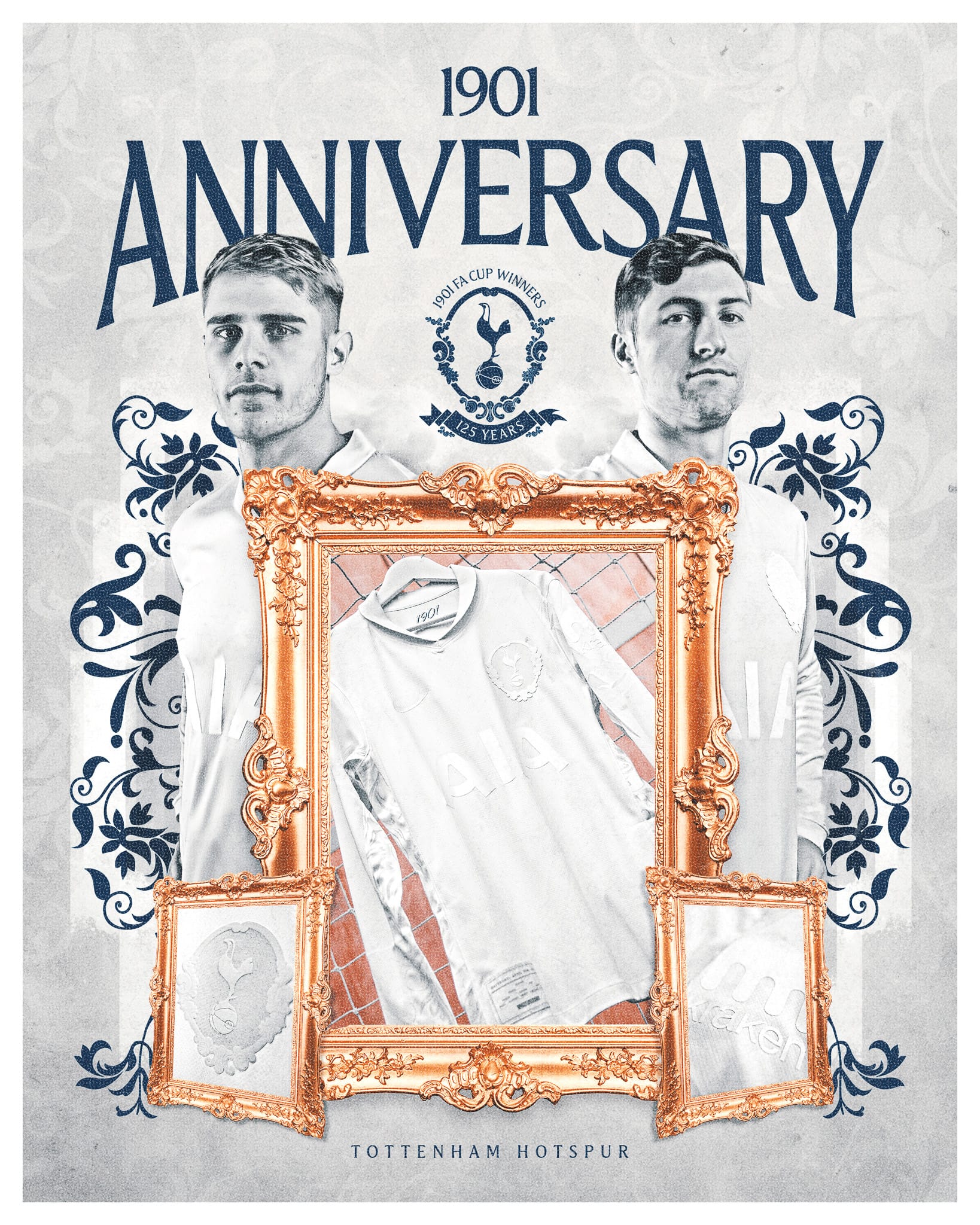 A graphic showing the commemorative 1901 kit insdie a gold frame, also modeled by Micky van de Ven and Ben Davies.