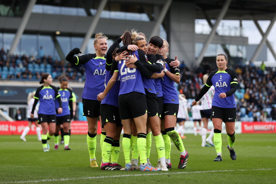 Spurs Women celebrate Celin Bizet's first goal for the club during the Manchester City game.