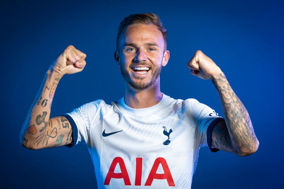 James Maddison holds up his fists in excitement at signing with Spurs.