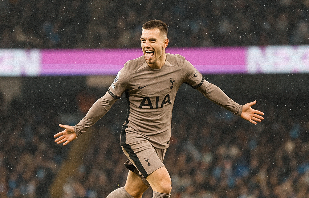 Giovani Lo Celso celebrates his goal against Manchester City by sticking his tongue out.