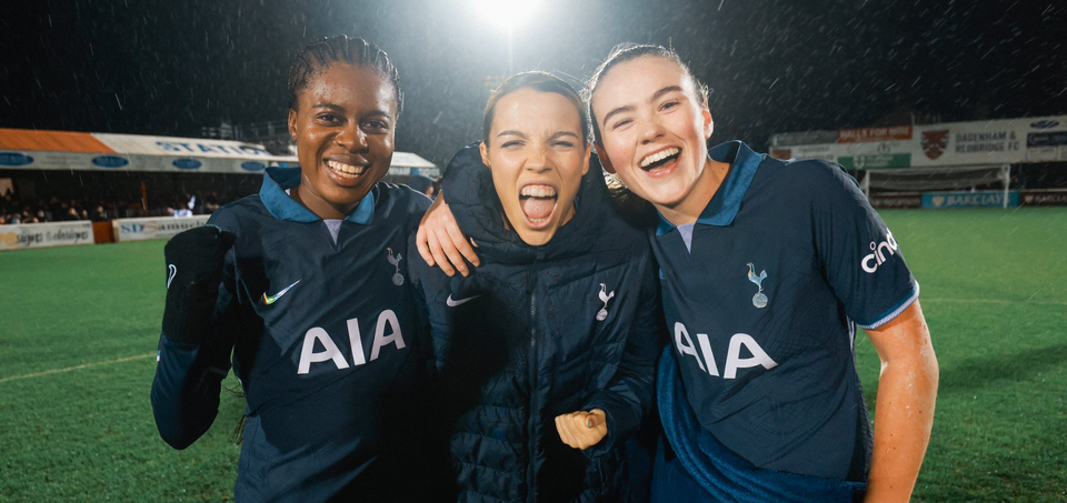 Jess Naz, Celin Bizet, and Grace Clinton celebrate their goals together.