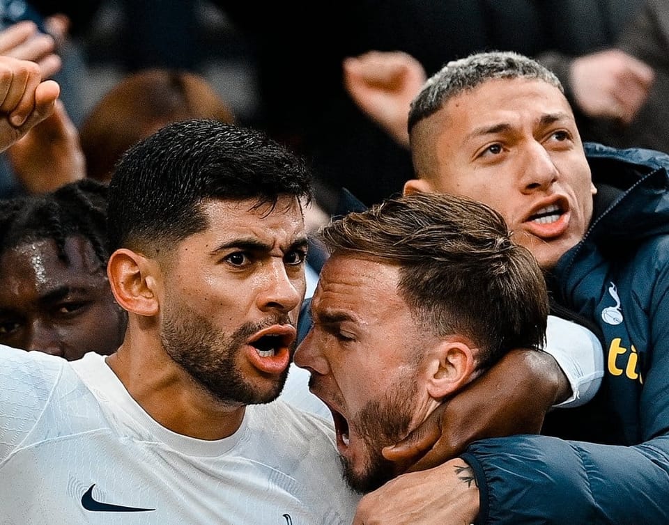 Cristian Romero, a screaming James Maddison, and Richarlison celebrate the win against Crystal Palace.