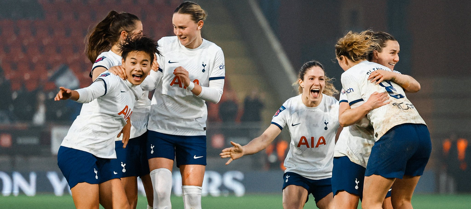 The players of Spurs Women celebrate a penalty shootout win over Manchester City in the FA Cup.