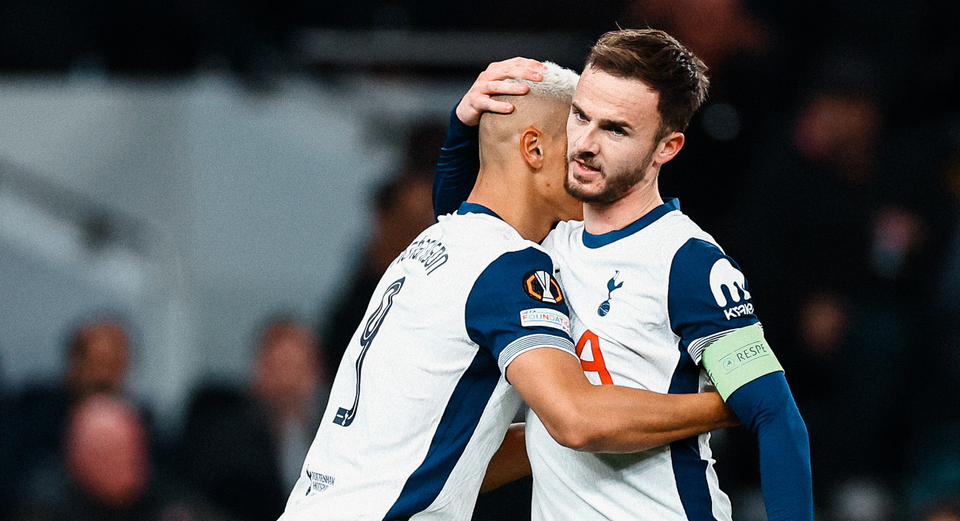 James Maddison holds Richarlison's head to his shoulder as he hugs him. 