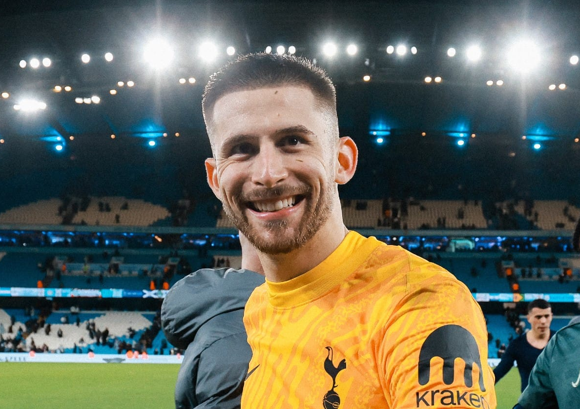 Guglielmo Vicario smiles after the win against Manchester City.