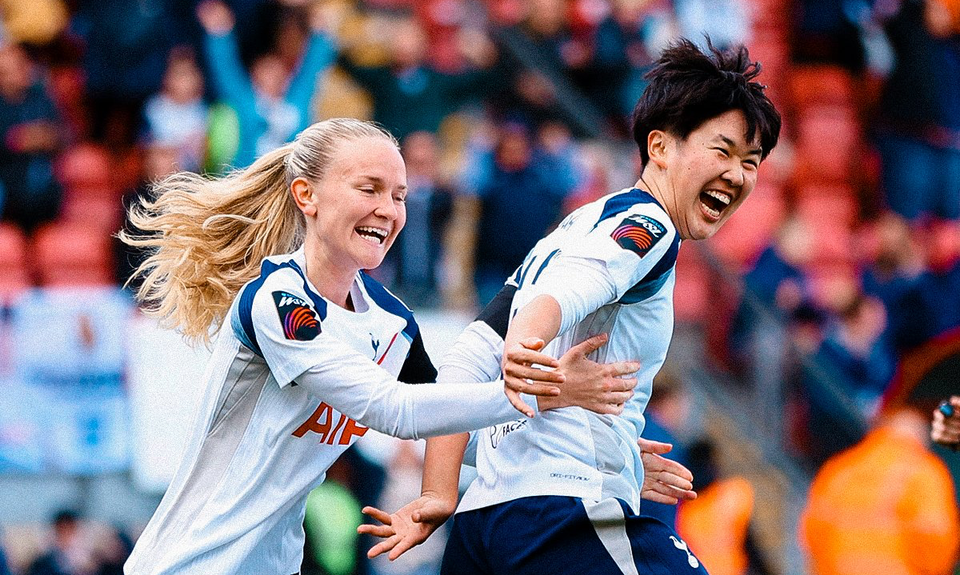 Tōko Koga is hugged by Matilda Vinberg to celebrate the former's first goal. 